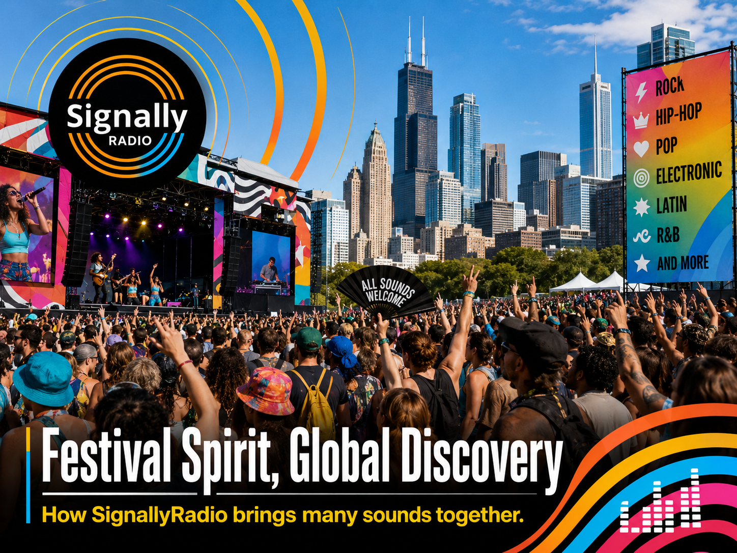 An original SignallyRadio festival scene in Chicago celebrating music from many genres